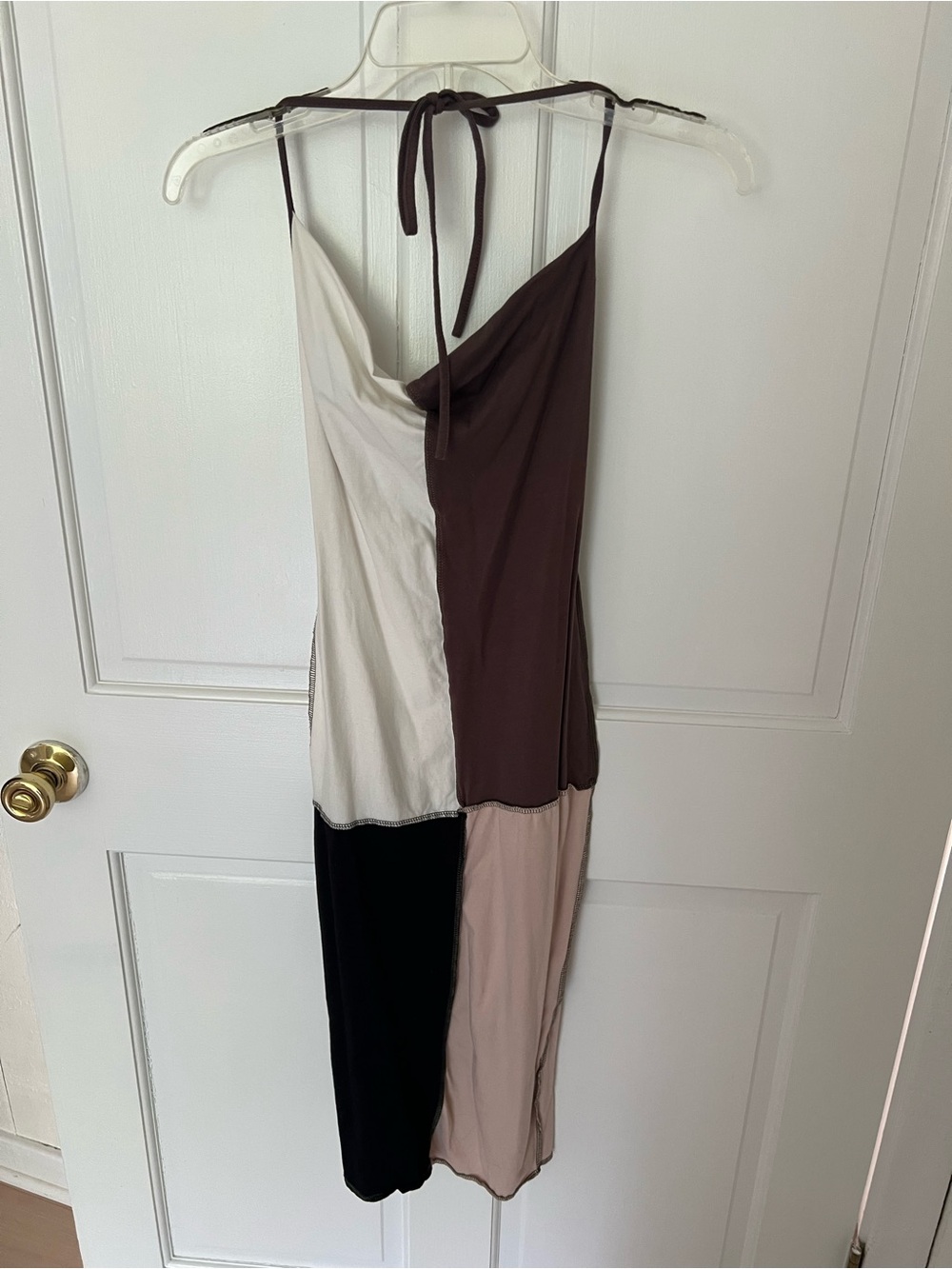 Colorblock Halter Midi Dress in Cream, Brown, Black, and Tan SIZE XS